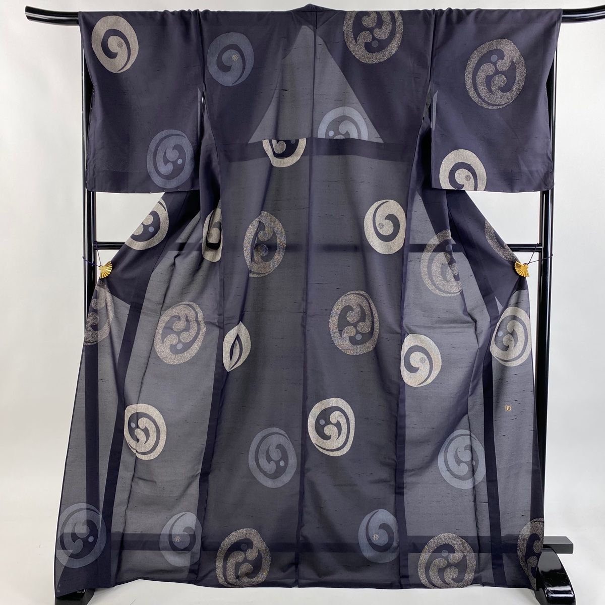 小紋 身丈172.5cm 裄丈68.5cm L 薄物 夏紬地 落款 波頭 濃紫 正絹 秀品