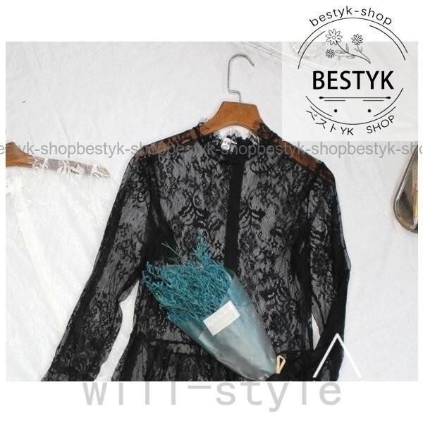 総レースワンピース長袖チュール花柄刺繍 オルチャンストリートレイヤード原宿系シースルーインナー