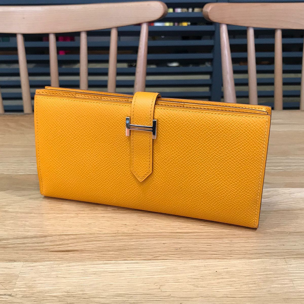 エルメス ベアンスフレ エプソン ムタード シルバー金具 □Q刻印 長財布 イエロー系 09987