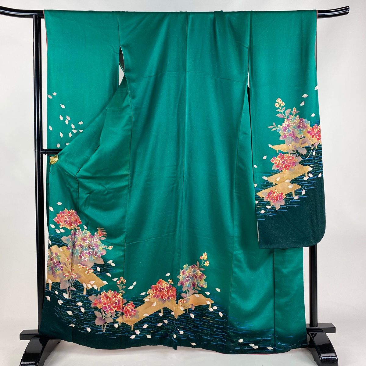 振袖 身丈166cm 裄丈66.5cm M 袷 紫陽花 橋 金銀彩 金通し 緑 正絹 名品