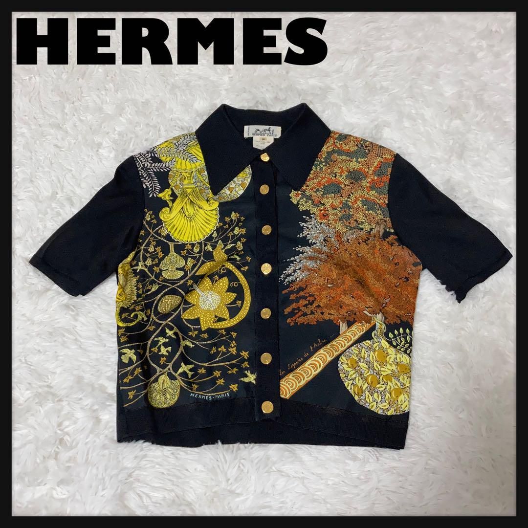 極美品】HERMES エルメス カーディガン シルク ロゴ 金ボタン 36 極美品】HERMES エルメス カーディガン シルク ロゴ 金ボタン 36