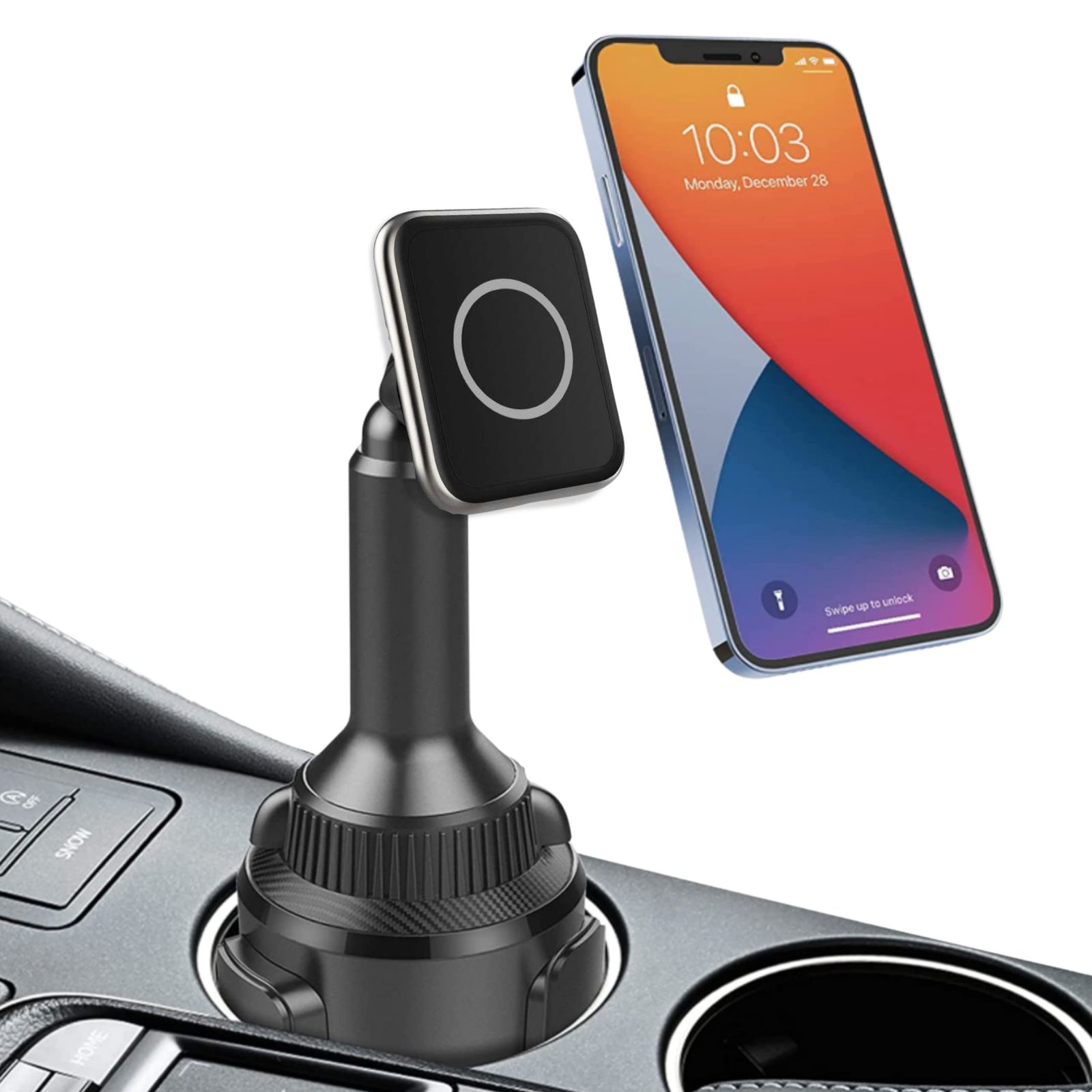 Aporia アポリア - iPhone 12用MagSafe対応車載カップホルダー| 15W高速充電マウントホルダー充電器 延長 な調節 なアーム付き ドライバー-助手席用 - ブラック