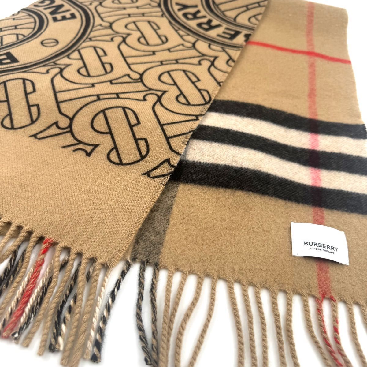 現行 入手困難 BURBERRY TB 総柄 メガチェック カシミヤ 100 マフラー ストール ベージュ モンタージュ