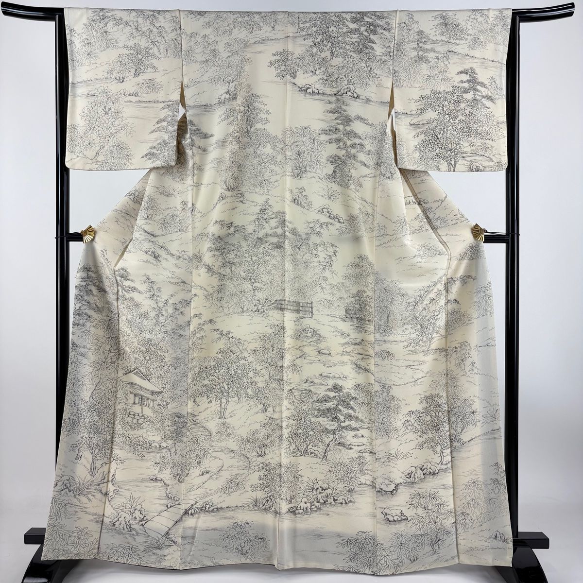 訪問着 身丈164.5cm 裄丈63.5cm S 袷 建物 風景 縮緬 クリーム 正絹 秀品