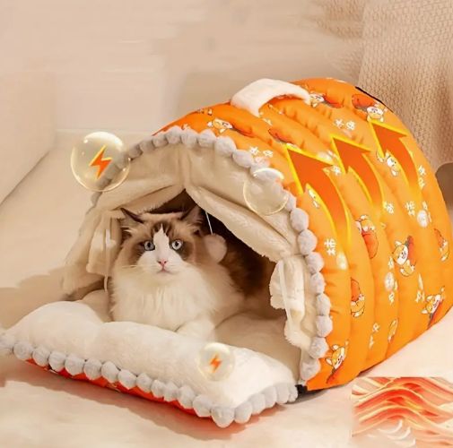 半閉じ式 ペットベッド 冬用 暖かい 猫 犬 ウサギ用 毛虫型デザイン 防寒 リラックス空間 小型犬も安心 min