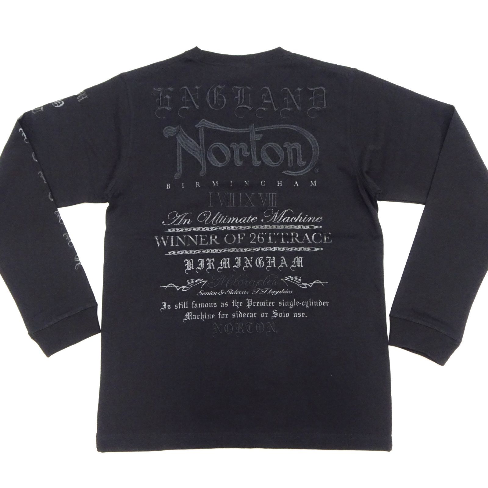 新品未使用タグ付きNortonノートン ロンT  ロゴ刺繍  長袖　両面プリント ノートン ユニオンジャック柄 MAXロゴ刺繍 長袖Tシャツ ロン