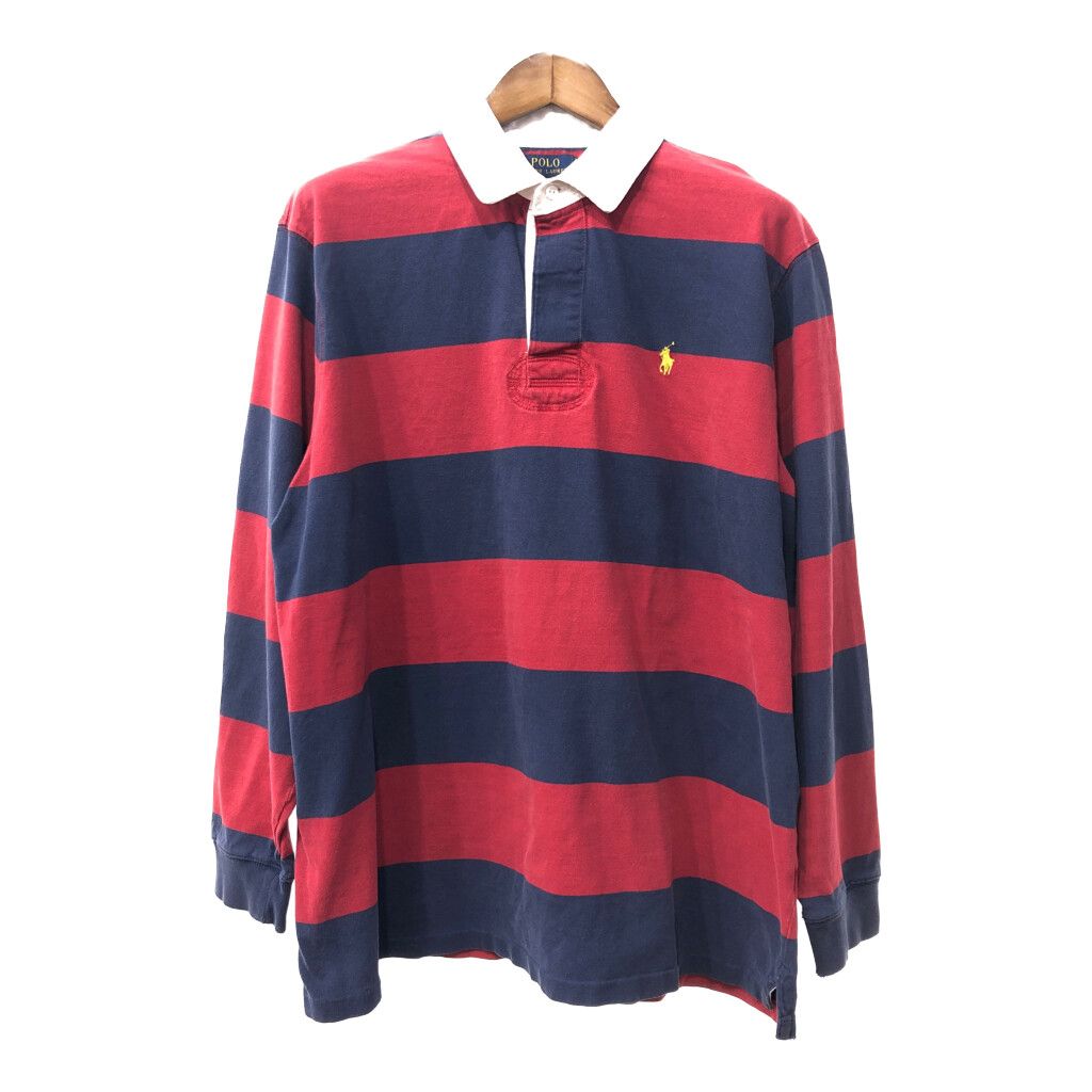 Polo by Ralph Lauren ポロ ラルフローレン ボーダー ラガーシャツ ワンポイントロゴ レッド (メンズ XL) 中古 古着 Q2364