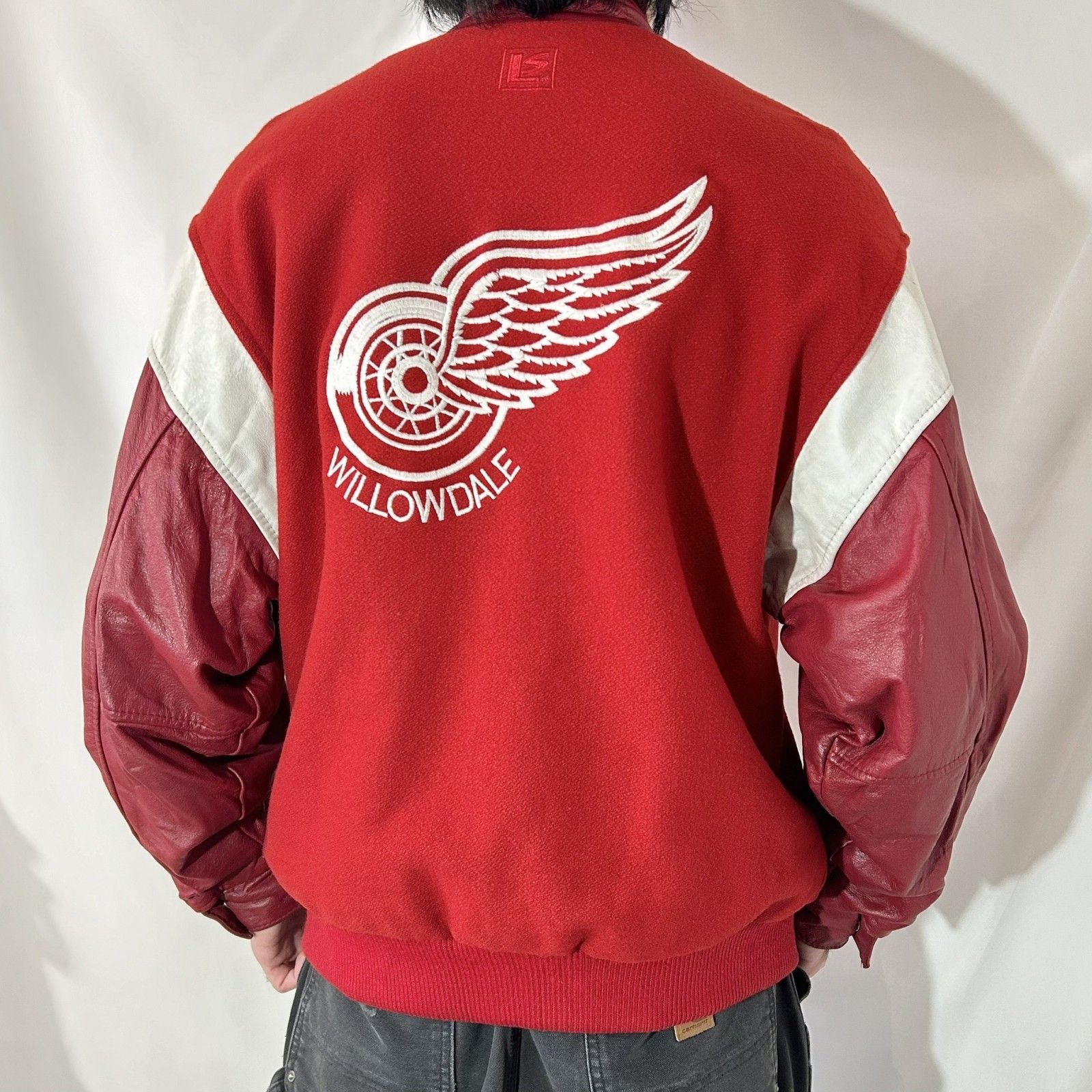 M～Lサイズ 90s レザースタジャン NHL デトロイト レッドウイングス RED WINGS 羽 ウイング 袖レザー ウールスタジャン  キルティング 刺繍ロゴ ビッグ刺繍 赤 レッド 白 ホワイト - メルカリ