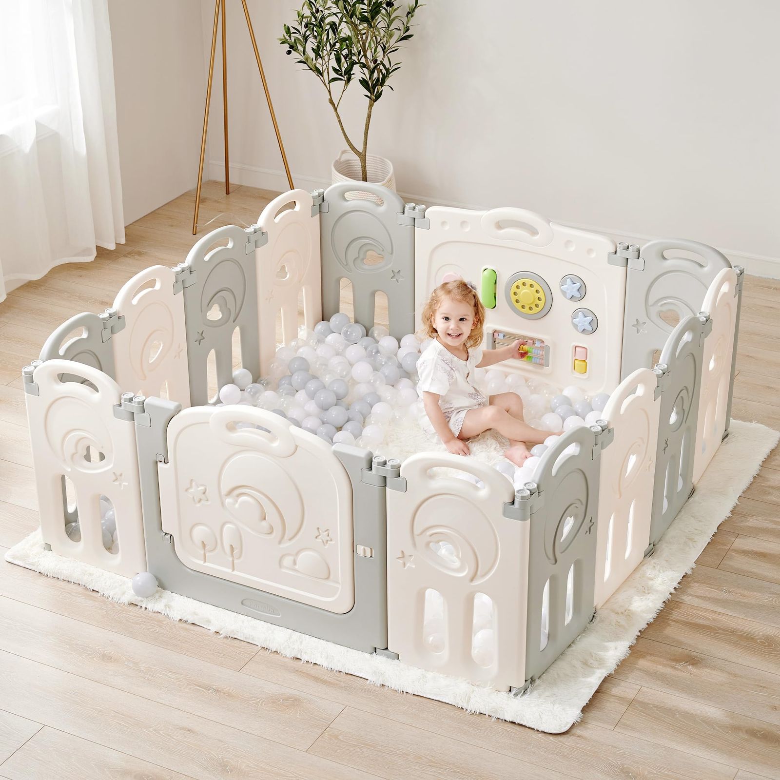 高さ62cm 折りたたみ おもちゃパネル ドア付き ベビーサークル 組立簡単 赤ちゃん さく Castle ゲート キッズランド プレイヤード Cloud ベビーフェンス プレゼント 出産祝い Fortella グレー＆ホワイト 14枚セット