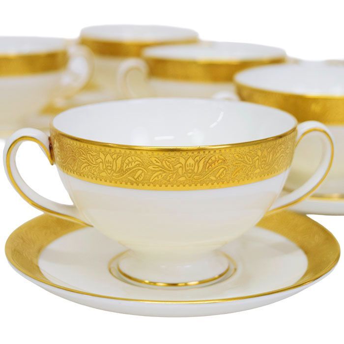 ウェッジウッド WEDGWOOD アスコット ASCOT スープカップ ＆ ソーサー 6点 ボーンチャイナ 陶器 食器 金彩 イギリス製 廃盤品 黒壺 レディース メンズ ユニセックス ホワイト | ゴールド 正規品 mbp12010