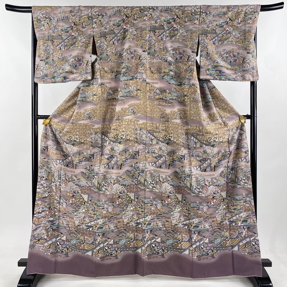 訪問着 身丈166.5cm 裄丈67cm M 袷 カルタ 人物 刺繍 金彩 灰紫 正絹  