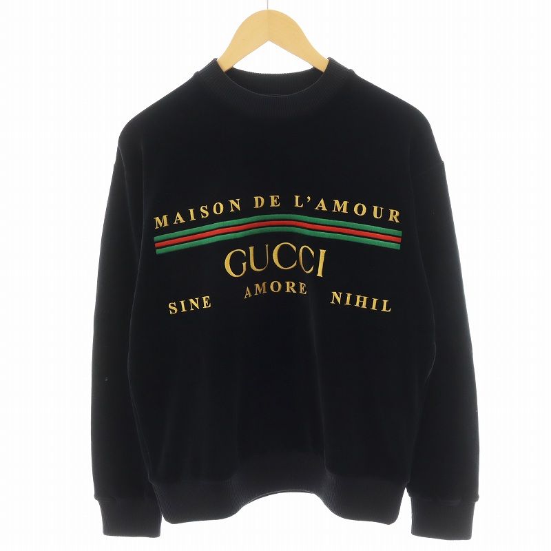 グッチ GUCCI Tシャツ カットソー 長袖 ロゴ刺繍 ベロア XS 黒 ブラック 595795 XJBTC |AN18