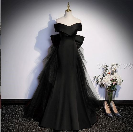 ウエディングドレス マーメイド オフショルダー ブラック 結婚式 前撮り 半袖 ドレス ボリューム 二次会 お洒落 上品 大人