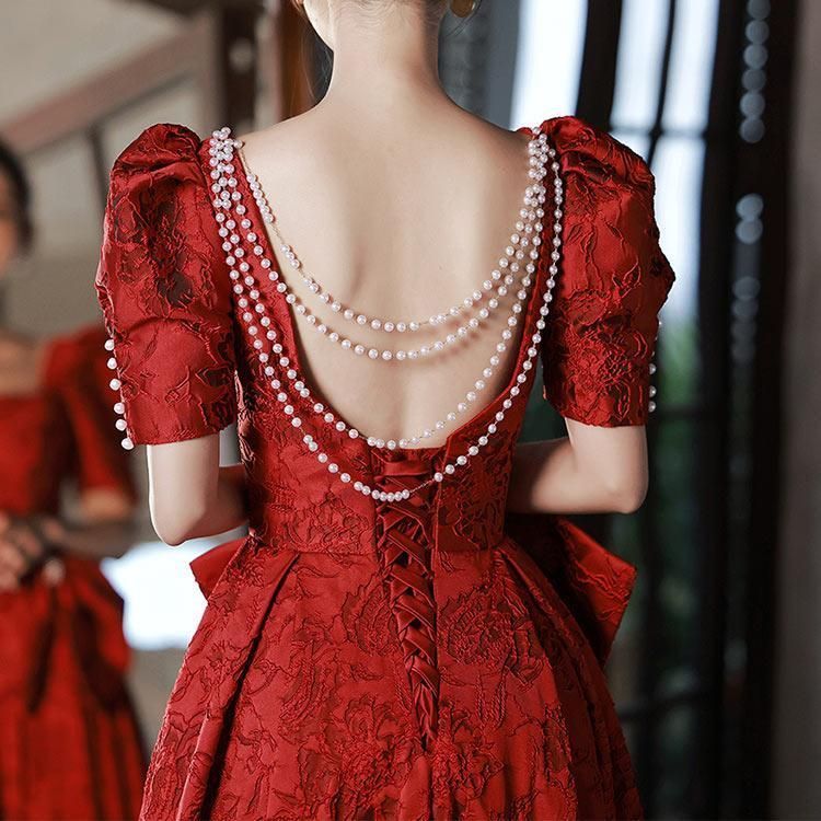 ワイン赤 結婚式ドレス 二次会ドレス 刺繍花柄 ミディアム丈ドレス 