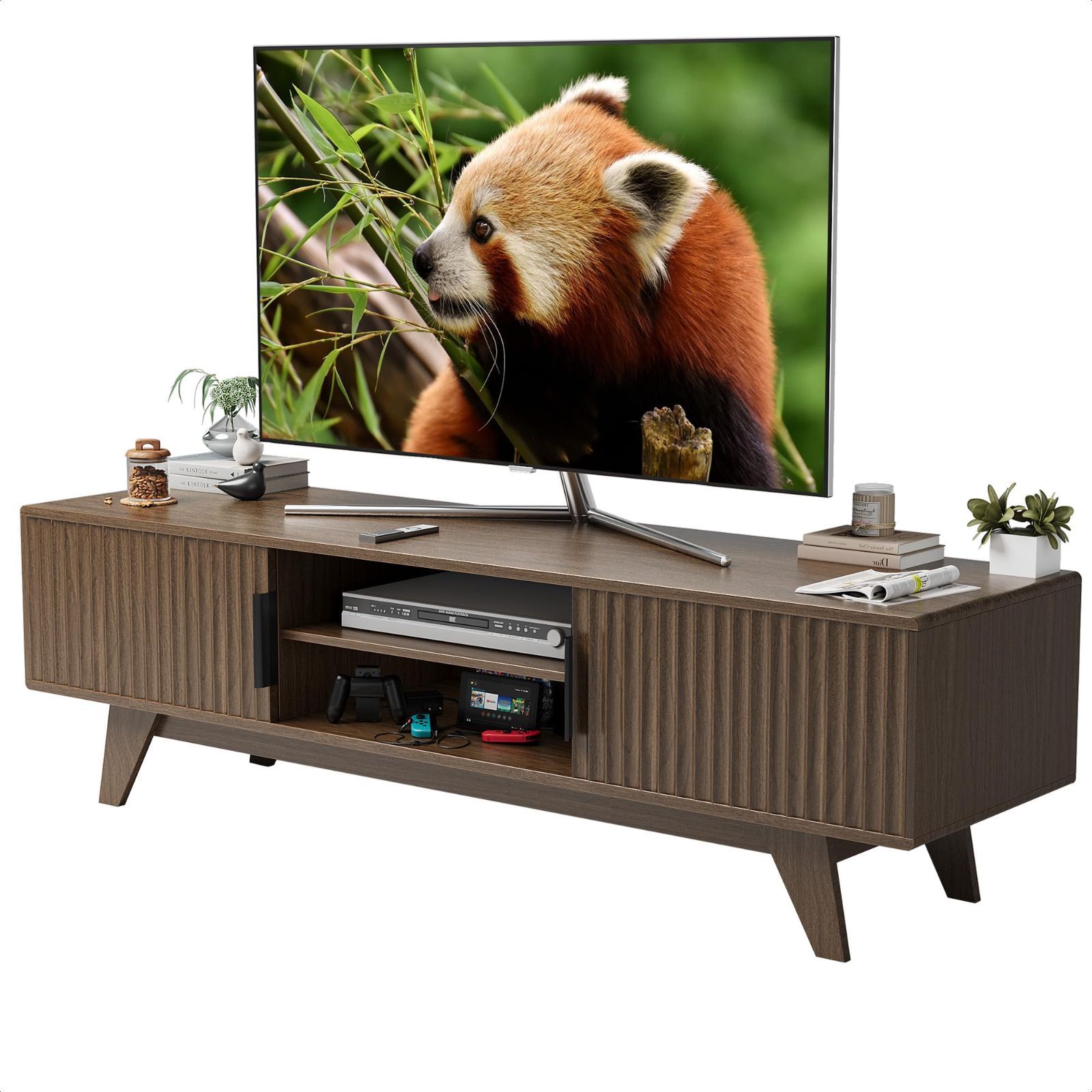 扉収納 ローボード 調整棚付き 省スペース 60型まで対応 木製 幅148×奥行40×高さ43cm ロータイプ テレビボード TV台 テレビ台 木目調 Claiks ウォールナット色
