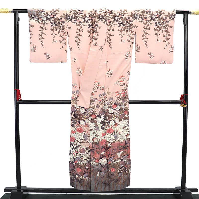 付下げ 袷 レディース 正絹 桃色 灰 花柄 百合 菊 蝶々 身丈156cm 裄丈65cm 式典 結婚式 パーティ Mサイズ相当