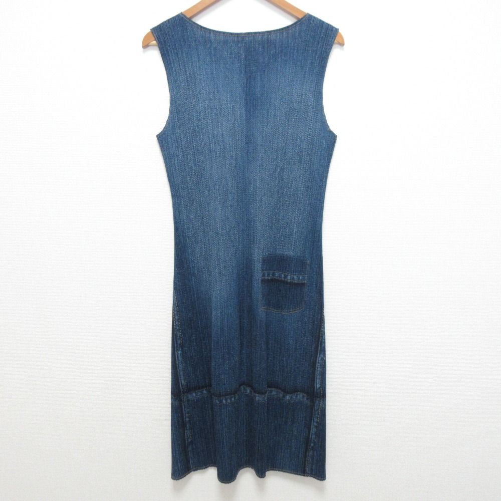PLEATS PLEASE プリーツプリーズ イッセイミヤケ デニム転写プリント ノースリーブ ワンピース インディゴ レディース 古着