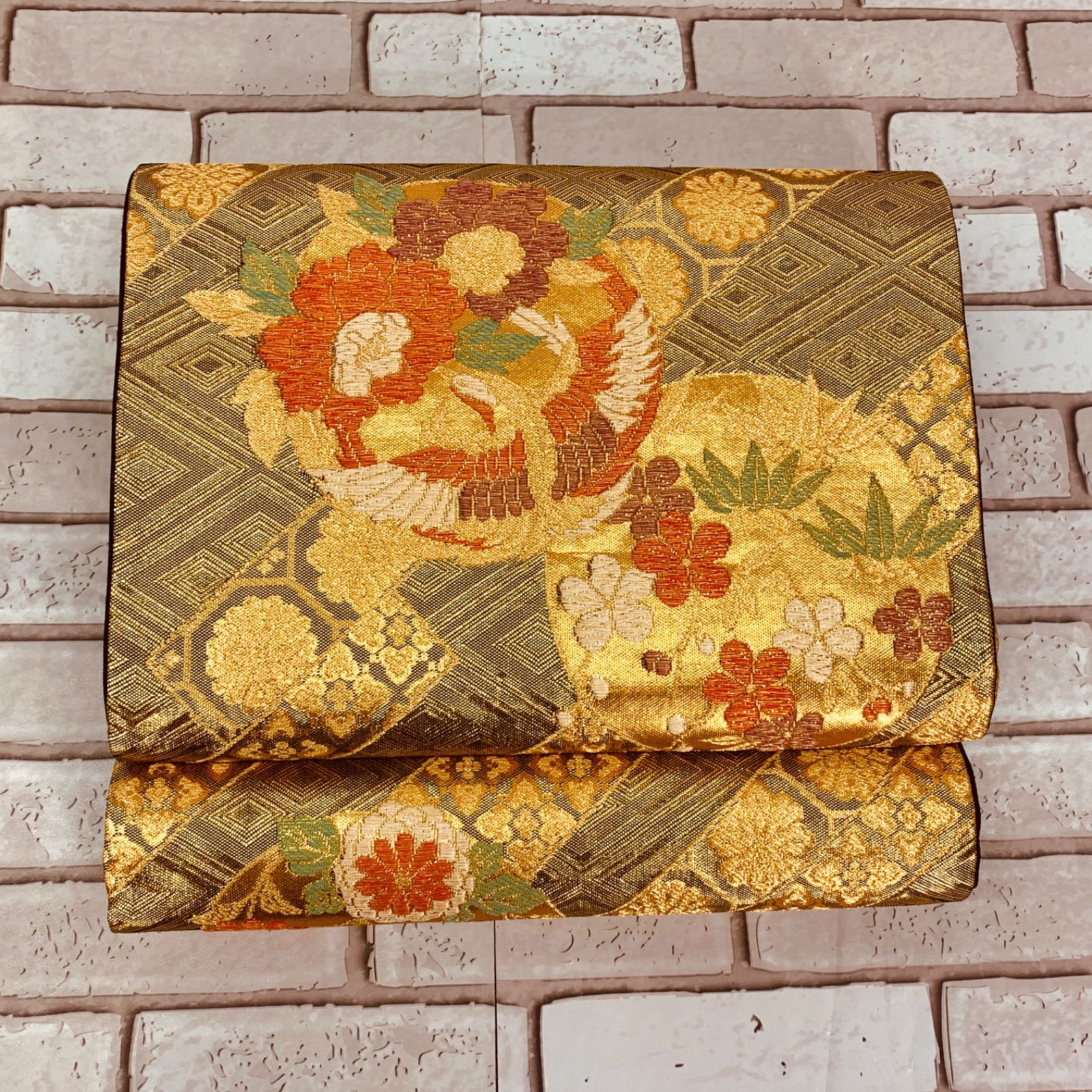 和装 袋帯 六通柄 ゴールド 刺しゅう 鳳凰 お花柄 長さ 約424㎝ USED