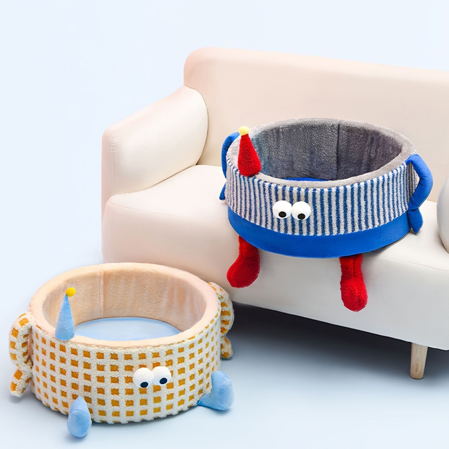 ペットベット ドッグハウス キャットハウス 猫ベット 小型犬 猫 カートゥーンデザイン かわいい 柔らかい 暖かい キャラクター モンスター 丸型 ドッグベット インテリア 快適 犬用ソファ 青色 黄色 ２色 コンパクト収納 持ち運びしやすい