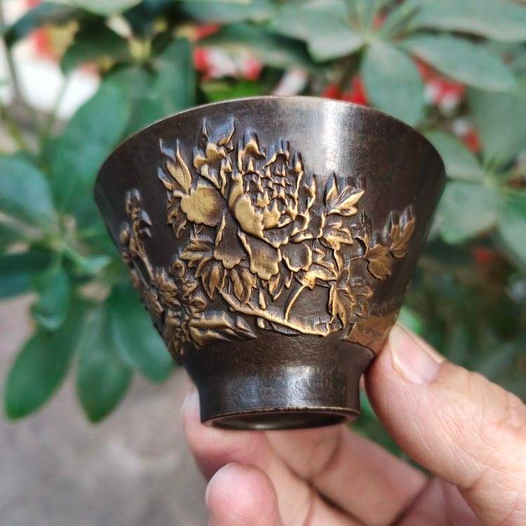 鎏金福禄寿喜小碗4つ 浮彫花鳥杯