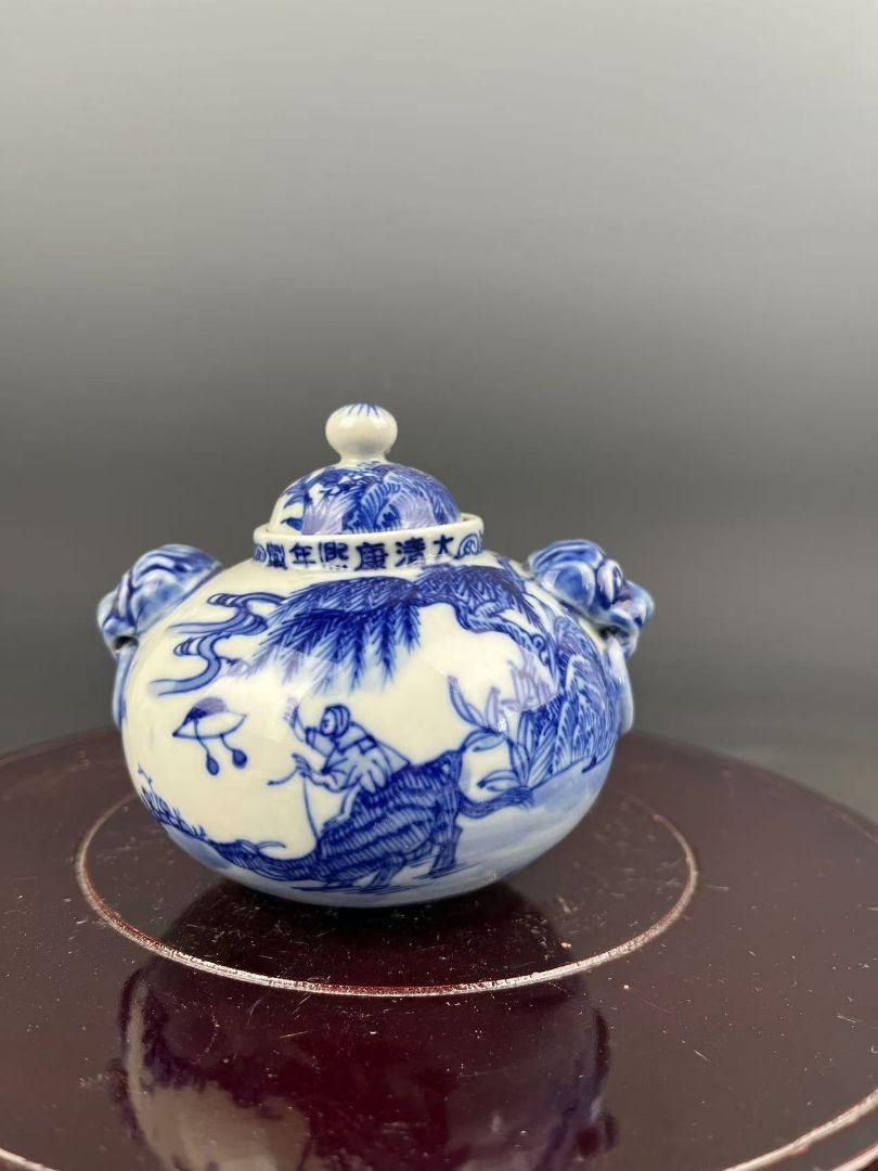 清同治青花穿花麒麟紋茶蓋缶 景徳鎮 陶磁器 装飾品 現代工芸品 美術品 置物 青花人物物語双獅耳蓋缶 茶道具 景徳鎮 陶磁器 装飾品 現代工芸