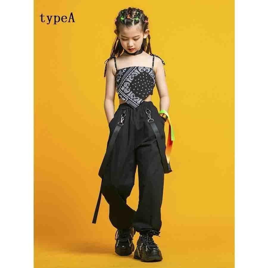 キッズ ダンス 衣装 ダンス衣装 子供 セットアップ ヒップホップ 女の子 半袖 トップス へそ出し パンツ 黒 スカート ステージ衣装 練習着 応援団 gYrT626