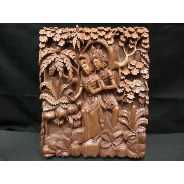 中古品 木彫り レリーフ ラーマ シータ W27cm×D4cm×H34cm 欠け