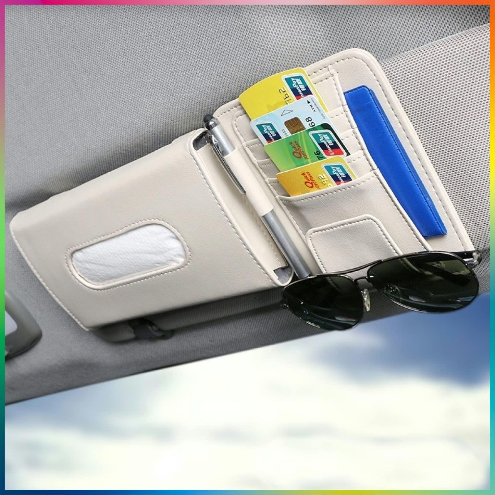 【特価商品】PIENSE カー用品 車用品 サンバイザー取付 ティシュケース カード入れ メガネホルダー ペン差し 小物収納 便利グッズ 車内 (ベージュ)