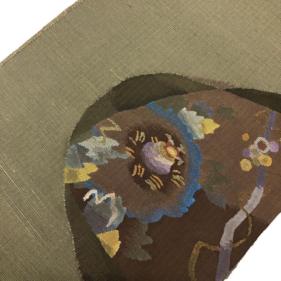 名古屋帯 紬 抽象花模様 金糸 根岸色 O-5485