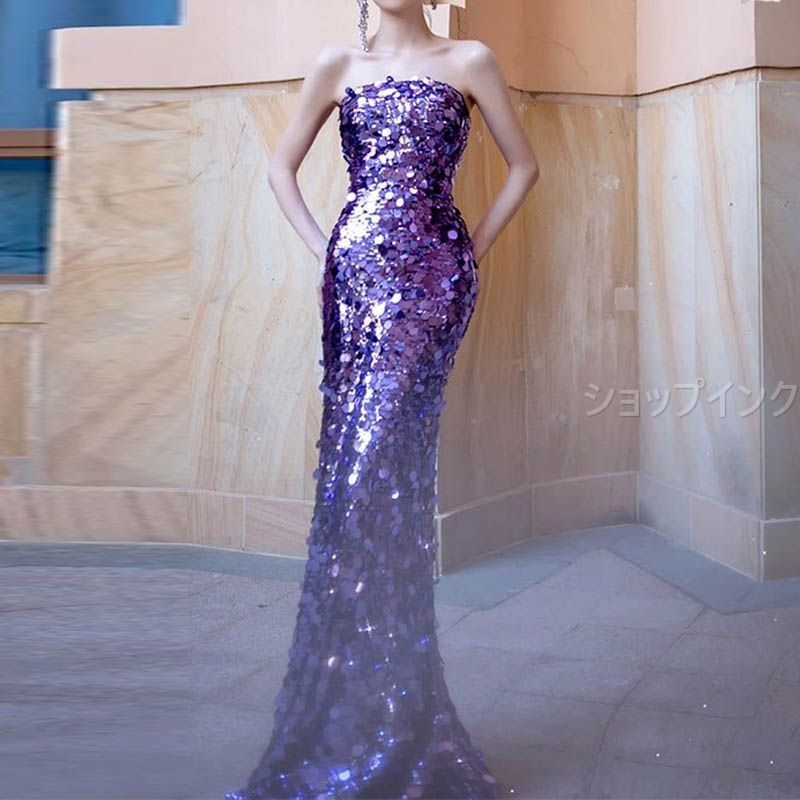 パーティードレス オフショルダー 結婚式 フォーマル イブニングドレス カクテルドレス ロングドレス ドレス 紫 演奏会 ウエディングドレス 二次会 発表会 スパンコール タイト マーメイド 2