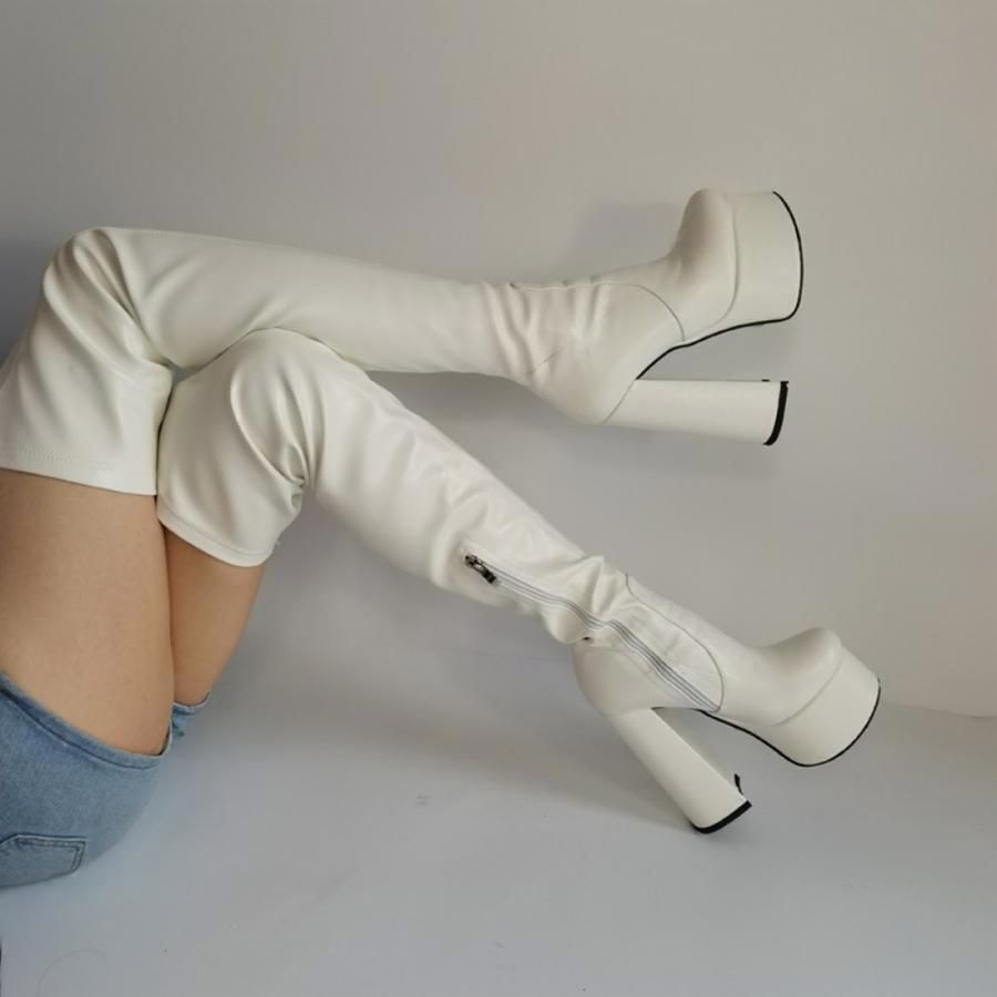 ニーハイブーツ エナメル 美脚 黒 大きいサイズ ストレッチ 15cm 厚底 ロング 疲れない 衣装 プラットフォーム ロングブーツ コスプレ ハイヒール 太ヒール