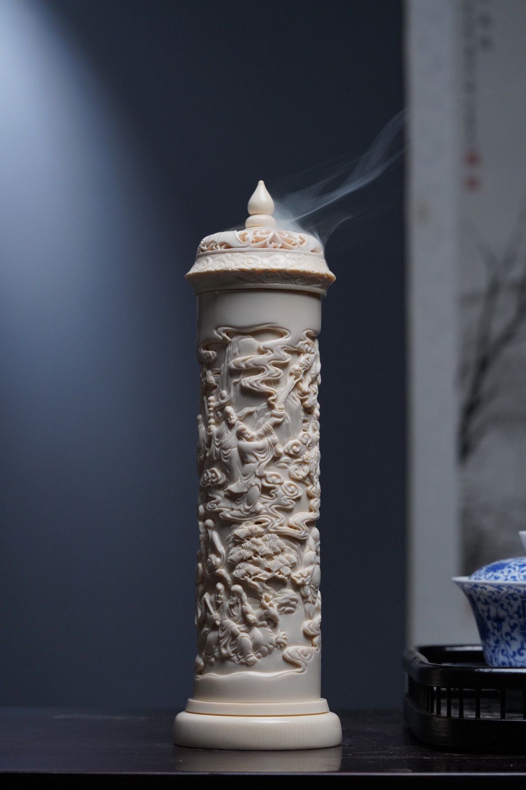 天然マンモス牙精巧な手作り彫刻十八羅漢 香筒 天然マンモス牙精巧な手作り