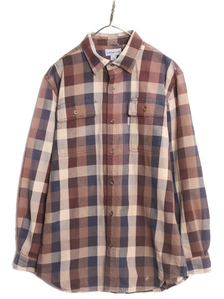 【お得なクーポン配布中!】 US企画 カーハート チェック 長袖 ヘビー フランネル シャツ メンズ L / 古着 Carhartt ワーク ネルシャツ 厚手 コットン 廃盤 長袖シャツ