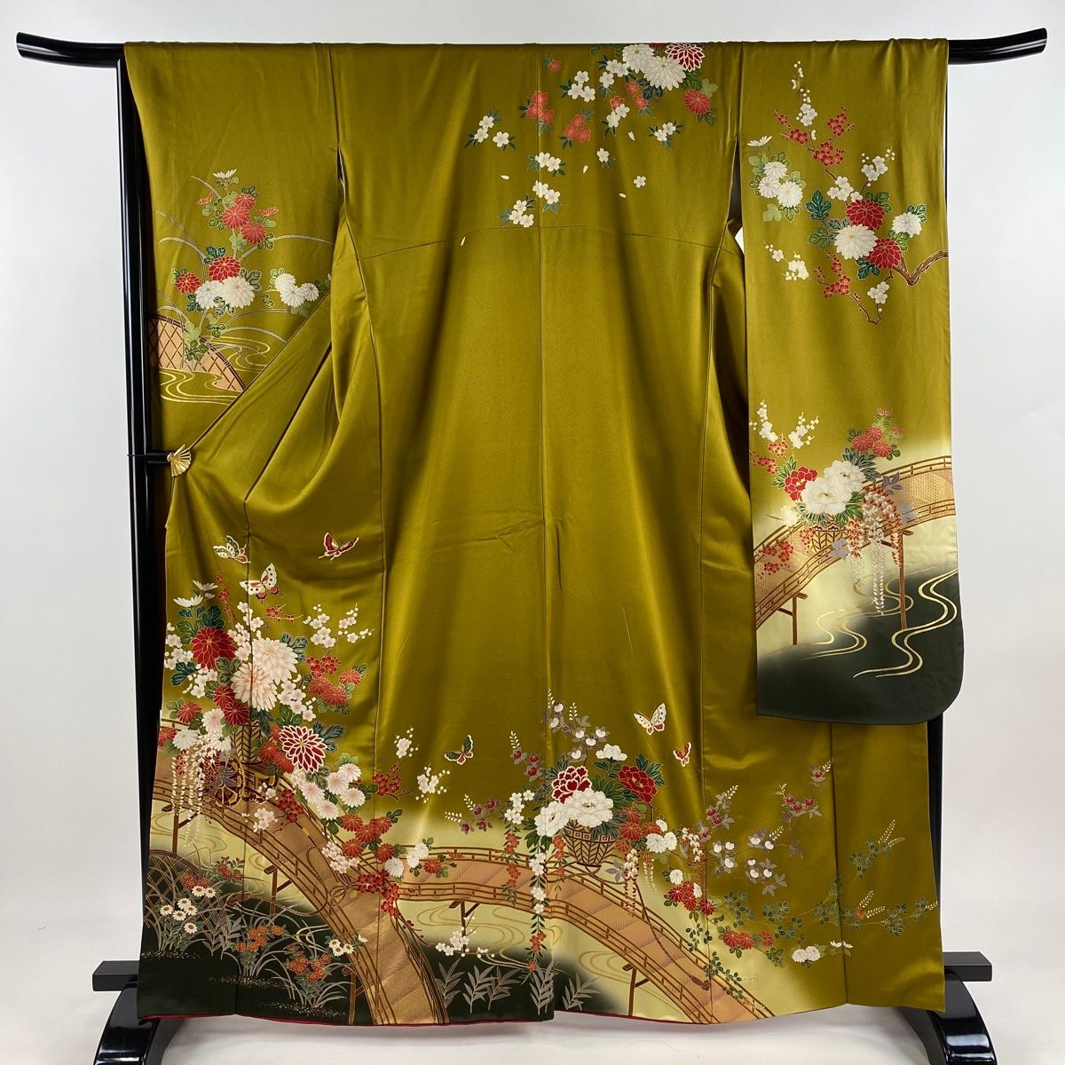 振袖 身丈166cm 裄丈67.5cm L 袷 花車 橋 金糸 金彩 鶯色 正絹 秀品