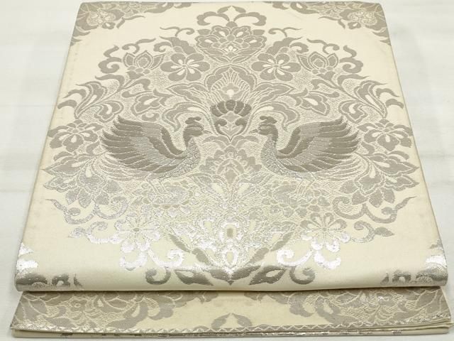 平和屋着物◎六通柄袋帯 向い鳥更紗花文 銀糸 正絹 逸品