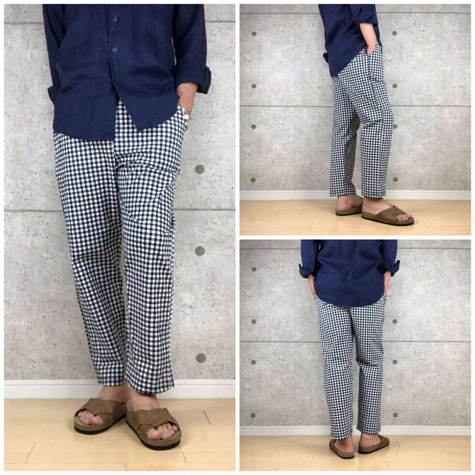 ２colors♪♪ ギンガムチェック リップル生地 ストレッチ入りコットン素材 シャーリングウエスト レングスフリー イージー