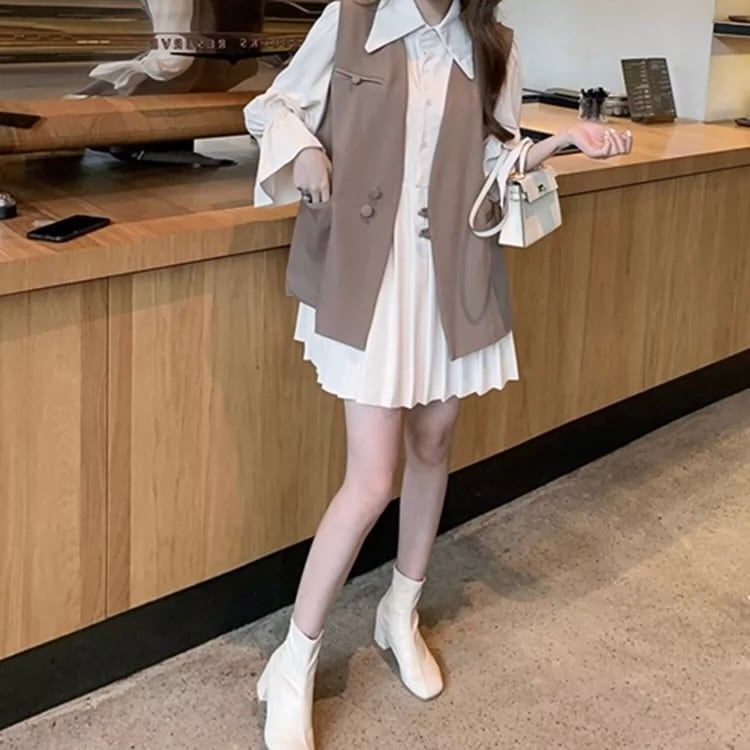 新品】大人ガーリー♡ジレ＋プリーツシャツワンピース