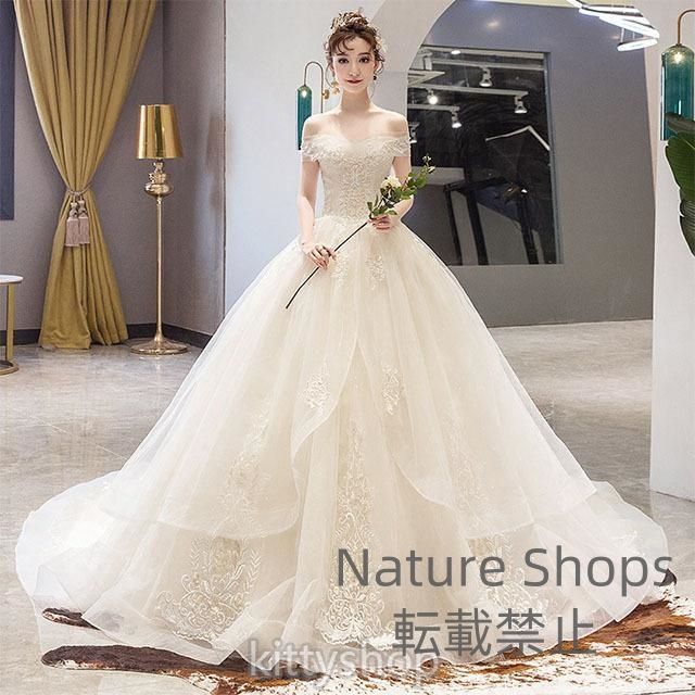 ウェディングドレス オフショルダー 結婚式ドレス ホワイト シャンパン色 Vネック ブライダルドレス Aライン キレイめ ロングドレス 二次会 披露宴 dpcp158