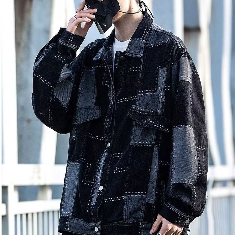 韓国ストリート　デニムジャケット メンズ Y2K×韓国ストリート☆春秋 配色 長袖 デニムジャケット