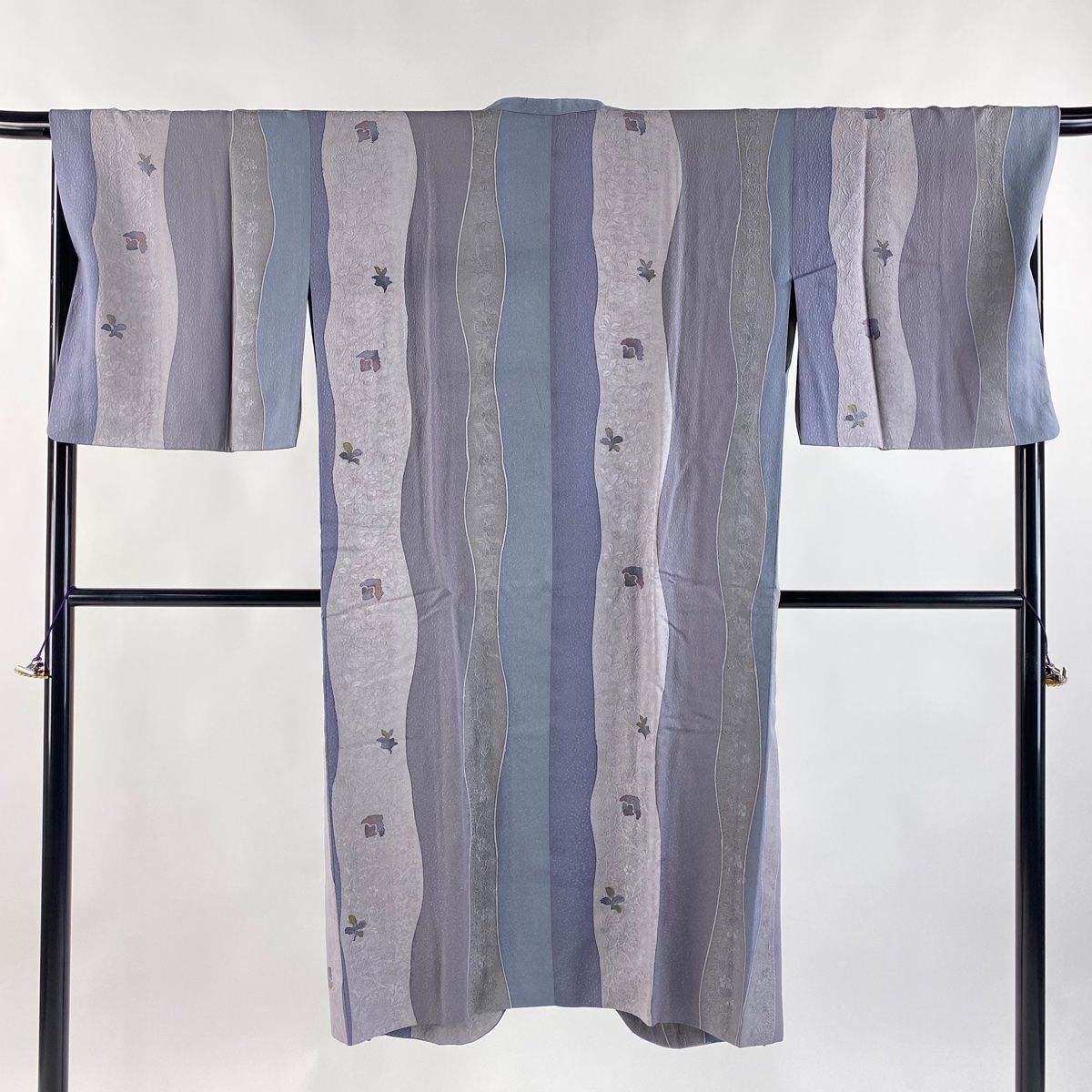 道行 身丈122cm 裄丈68.5cm L 和装コート 角衿 縞 地紋 灰紫 正絹