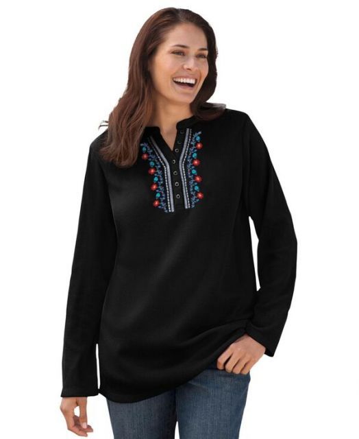 送料無料 ウーマン ウィズイン レディース シャツ トップス Plus Size Within Embroidered Thermal Henley Tee Black vine embroidery
