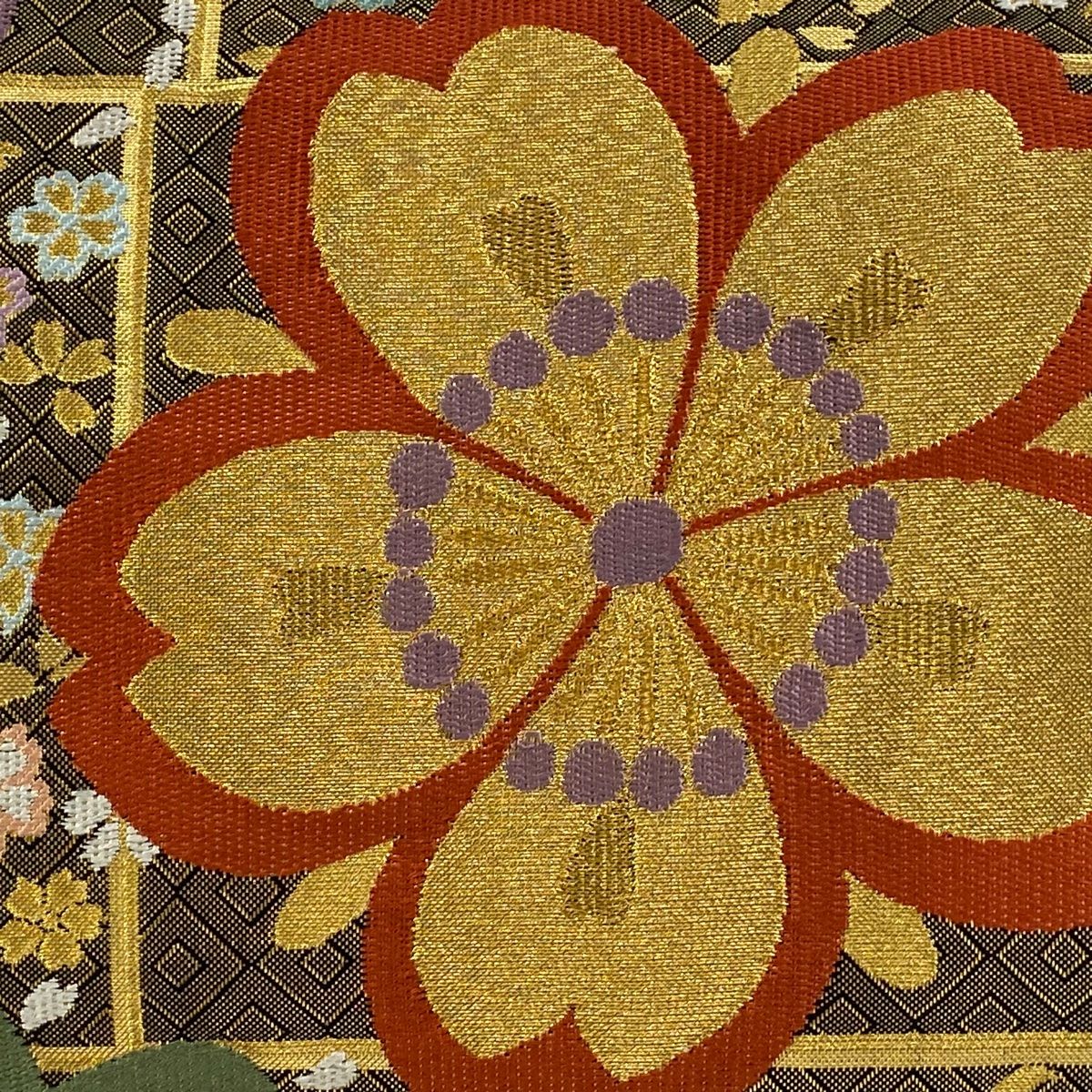 袋帯 秀品 振袖向き 桜 梅 金糸 箔 金色 六通 正絹