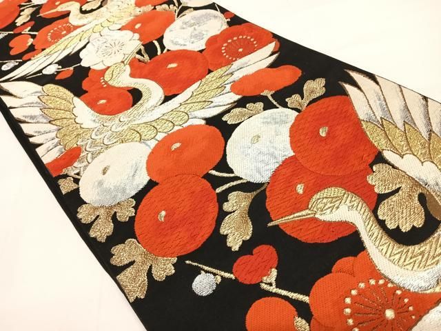 平和屋着物◎六通柄袋帯 唐織 飛鶴花文 黒地 金銀糸 正絹 逸品