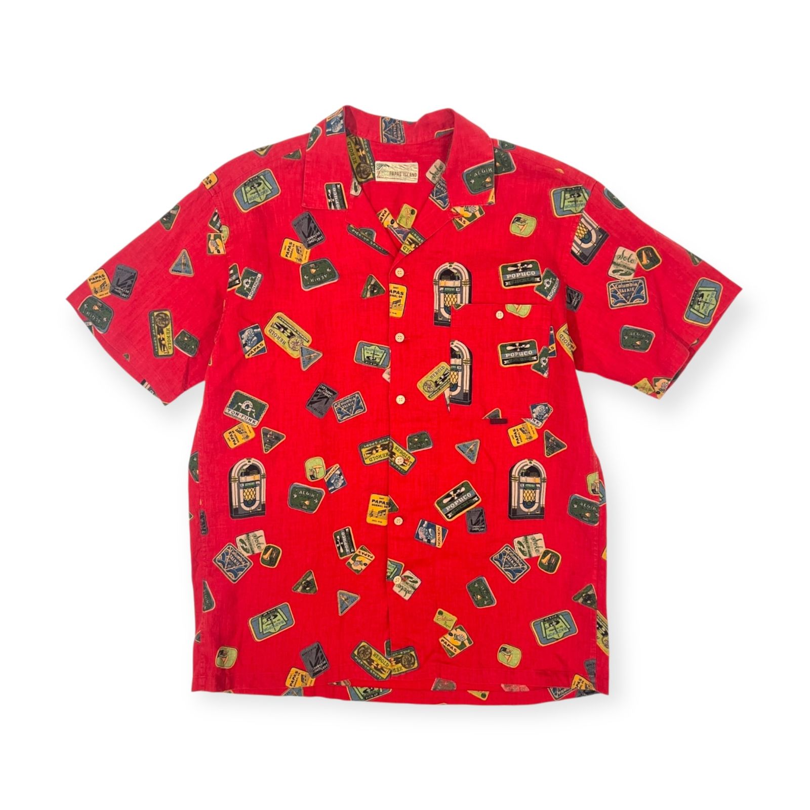 PAPAS ISLAND パパス リネン オープン レコード ジュークボックス柄 半袖シャツ サイズ M|レッド|麻