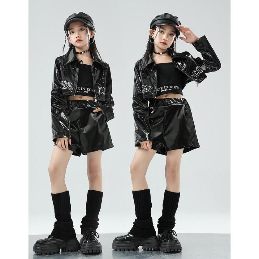 女の子ダンス衣装 レザーヒップホップジャズダンス服 キッズ puショート丈パンツ レザージャケット 2|3点セットアップ hipho おすすめ注目 MYL1528