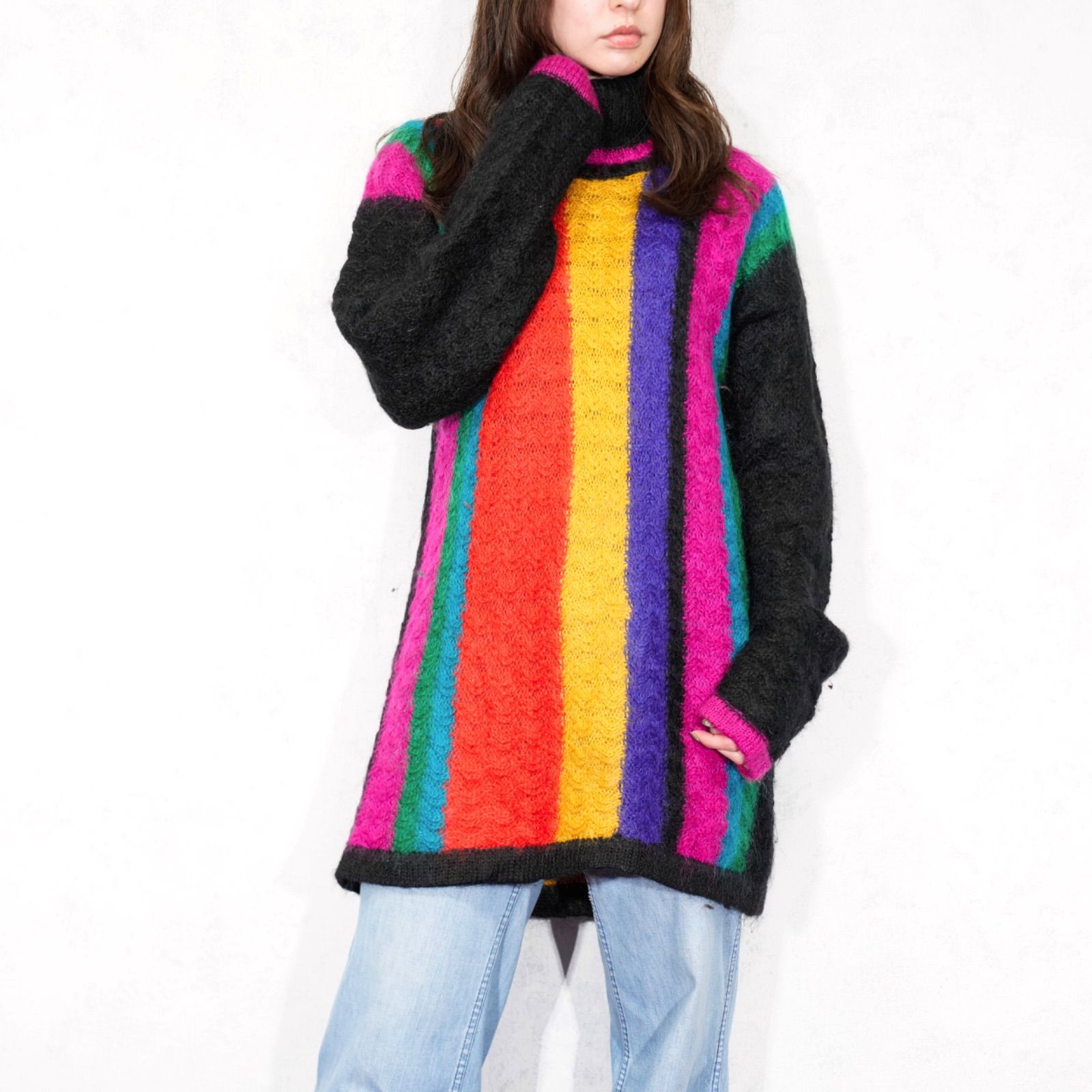 USA VINTAGE COLORFUL DESIGN HIGH NECK MOHAIR KNIT|アメリカ古着カラフルデザインハイネックモヘアニット