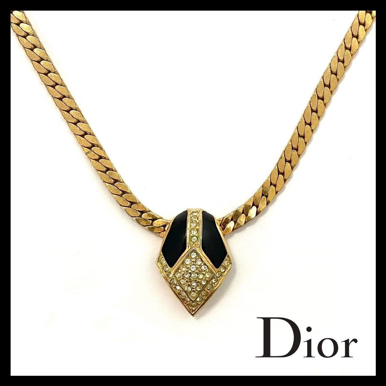 M【Dior】ラインストーン ネックレス ブラック/黒 ゴールド/金