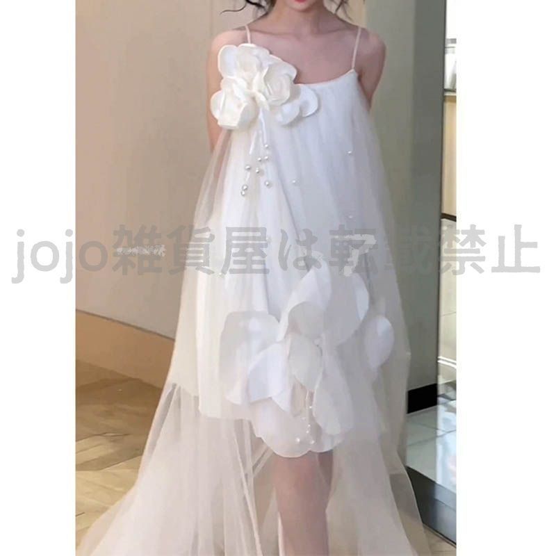 ウエディングドレス aライン ミニ丈 透け感 白 袖なし キャミソールドレス 花 コサージュ 花嫁 結婚式パーティードレス ブ