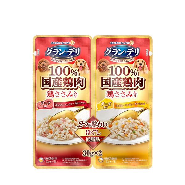【同梱】【60個セット】ユニ・チャーム グラン･デリ 2つの味わい パウチほぐし 成犬用 ビーフ&チーズ 30g×2