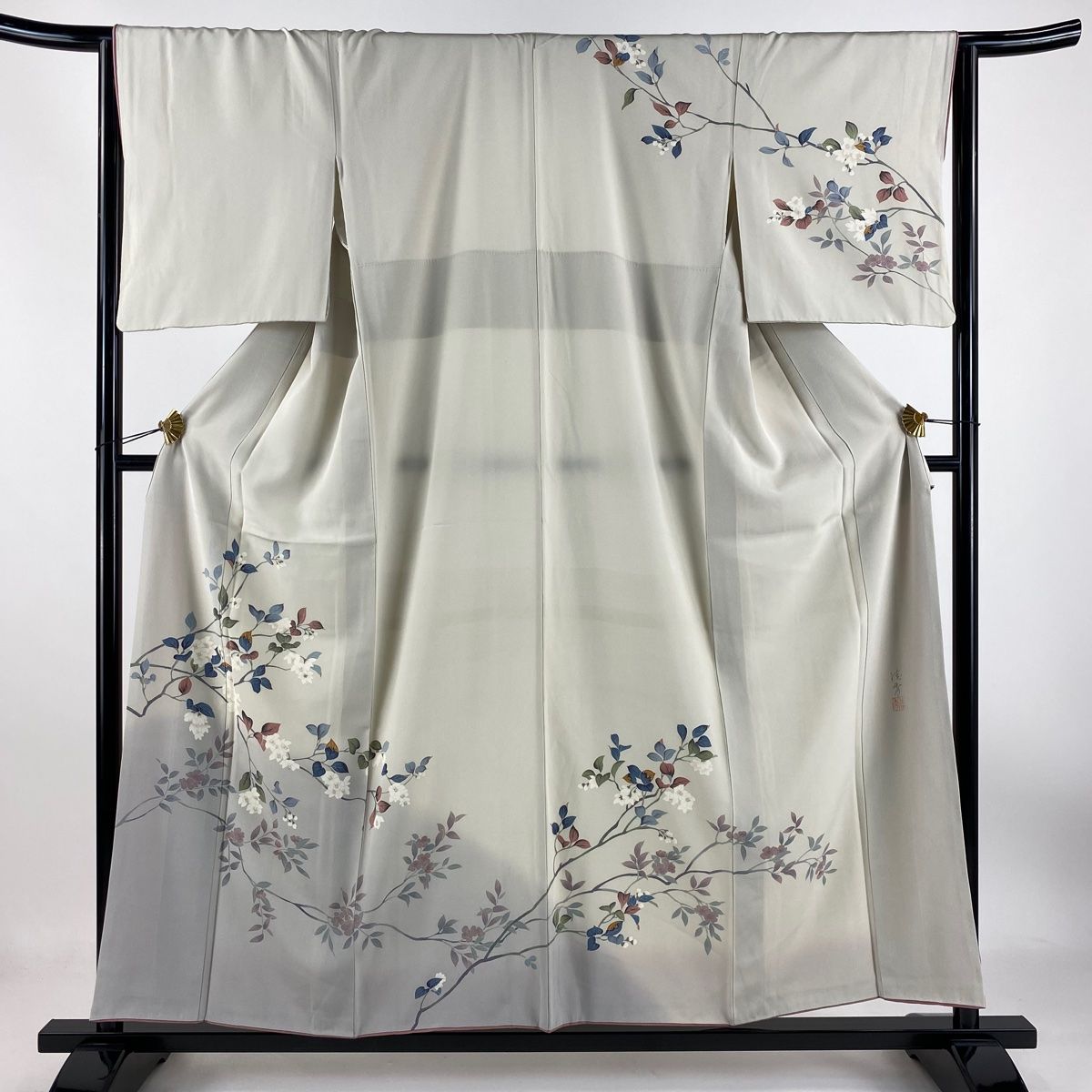 訪問着 身丈156cm 裄丈64cm M 袷 落款 枝花 枝桜 裾ぼかし ベージュ 正絹 秀品